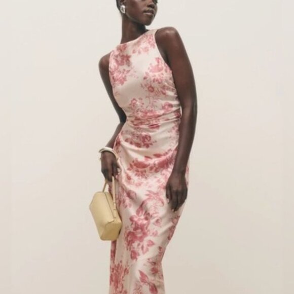 NEW Reformation Anaiis Long Silk Dress Cameo Rose Pink Cream Floral | size 4 - Picture 2 of 12